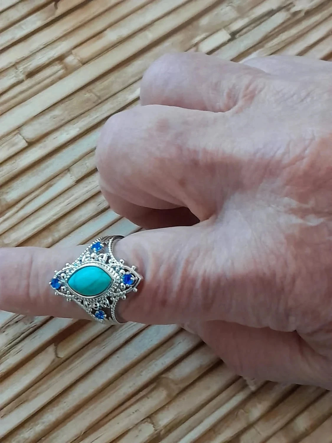 Anillo plateado, Piedra turquesa, estilo Bohème con strass, Tamaño 60 – photo 4